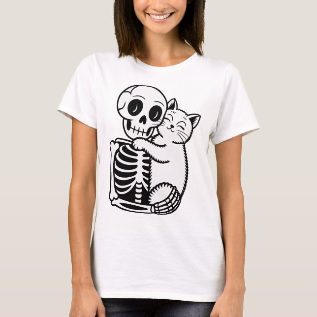 Skeleton Hugger en katt T Shirt (Framsida)