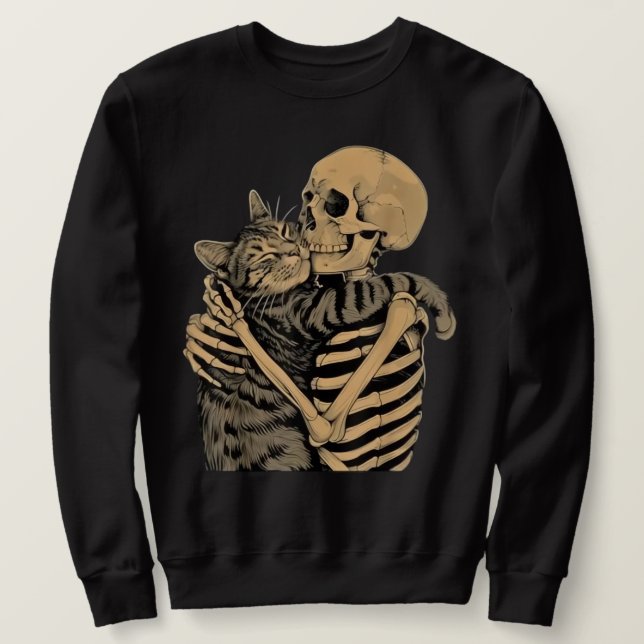  Skeleton Hugging Cat – Cute Gothic Cat Lover Gift Lång Ärmad Tröja (Design framsida)
