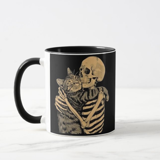  Skeleton Hugging Cat – Cute Gothic Cat Lover Gift Mugg (Vänster)