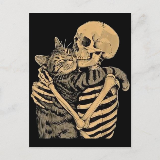  Skeleton Hugging Cat – Cute Gothic Cat Lover Gift Vykort (Framsida)