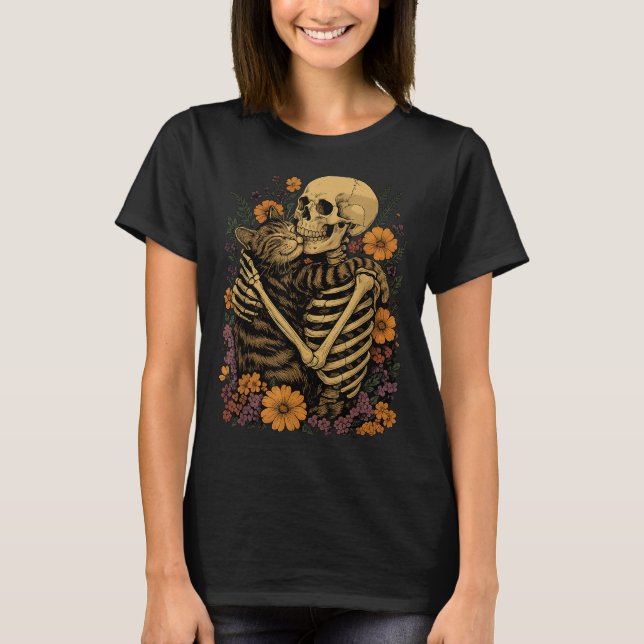 Skeleton Hugging Cat Floral Halloween Cats Lover  T Shirt (Framsida)