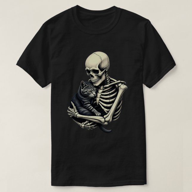 Skeleton Hugging Cat Funny Halloween Cat Lover T Shirt (Design framsida)