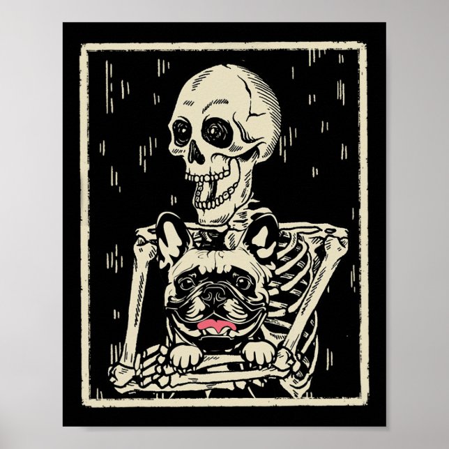 Skeleton Hugs Fransk Bulldog Halloween Hund älskar Poster (Framsidan)
