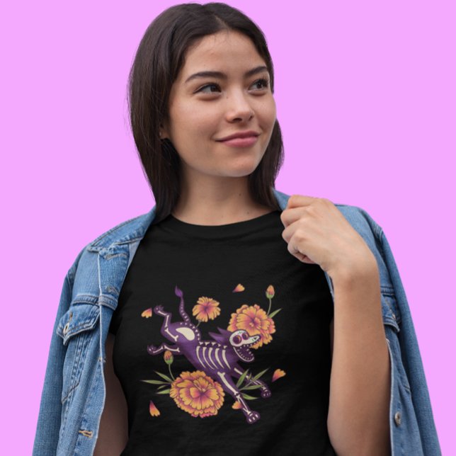 Skeleton Hund med Marigolds Día de los Muertos T Shirt (Skapare uppladdad)