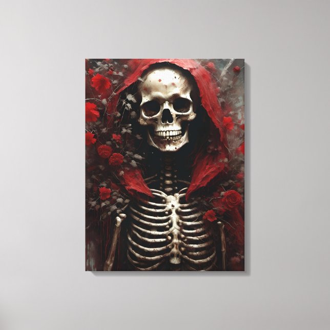 Skeleton i Red Cape med Flowers Canvastryck (Framsida)
