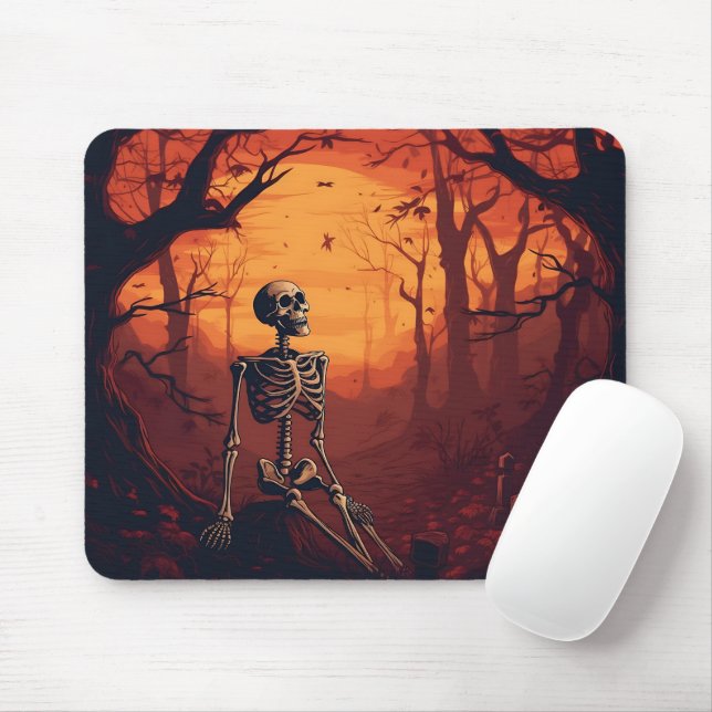 Skeleton i Spooky Forest Halloween Träd Musmatta (Med mus)