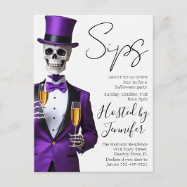 Skeleton in Purple Halloween Party Invite Helg Vykort