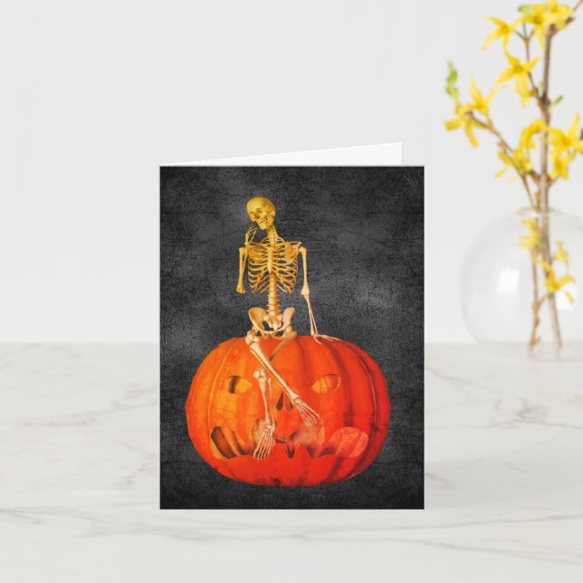 Skeleton Jack o lantern Halloween-anteckningskort Kort (Gul blomma)
