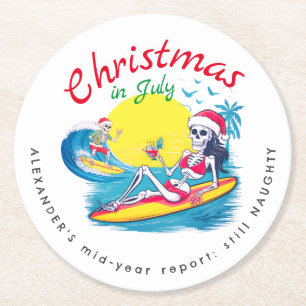 Skeleton jul i juli Beach Surfa Naughty Underlägg Papper Rund
