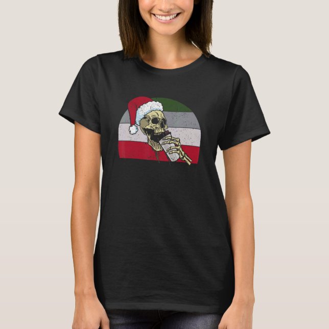 Skeleton Jultomten Hat Drinking Coffee Christma T Shirt (Framsida)