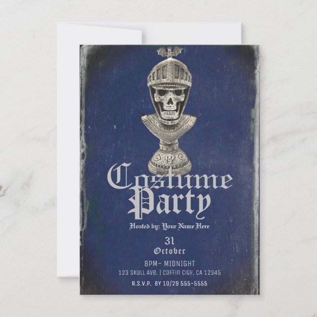 Skeleton Knight Blue Halloween Skull Costume Party Inbjudningar (Framsida)
