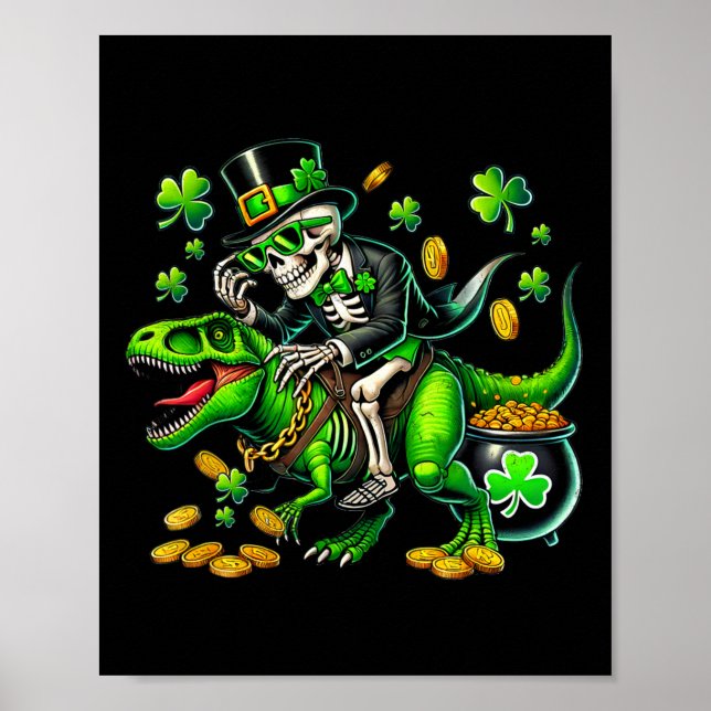 Skeleton Leperchaun Skeleton Riding Trex St Patric Poster (Framsidan)