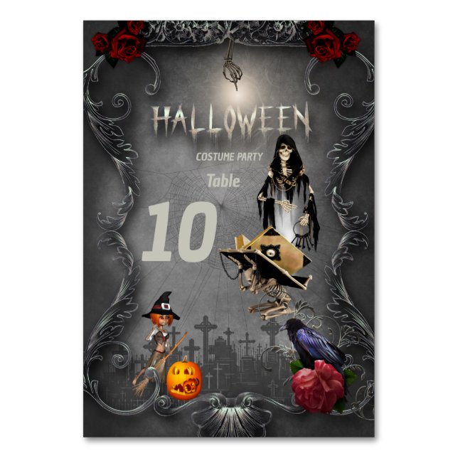 Skeleton lilla häxa och kråka bordsnummer (Framsidan)