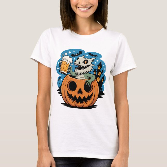 Skeleton Lizard i Pumpkin med Beer Mugg T Shirt (Framsida)
