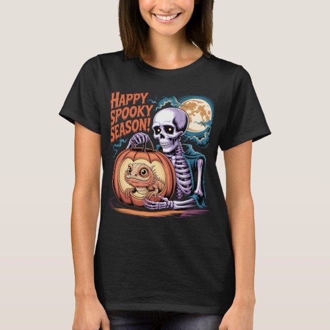 Skeleton & Lizard Pumpkin Halloween Art T Shirt (Framsida)