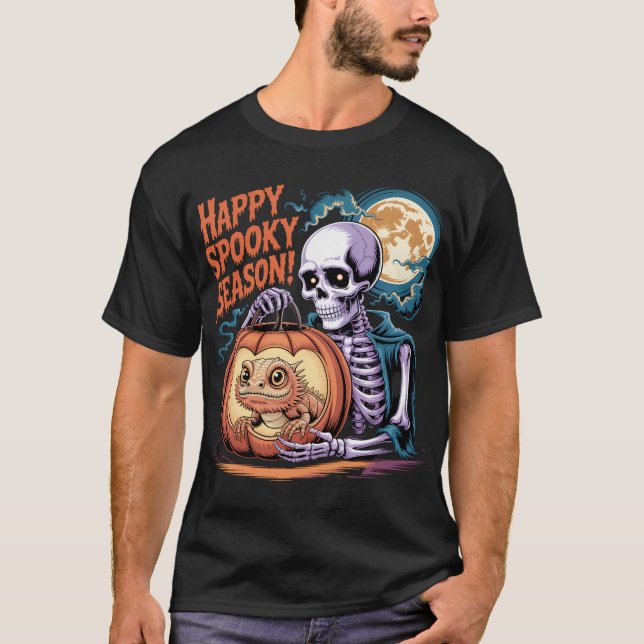 Skeleton & Lizard Pumpkin Halloween Art T Shirt (Framsida)