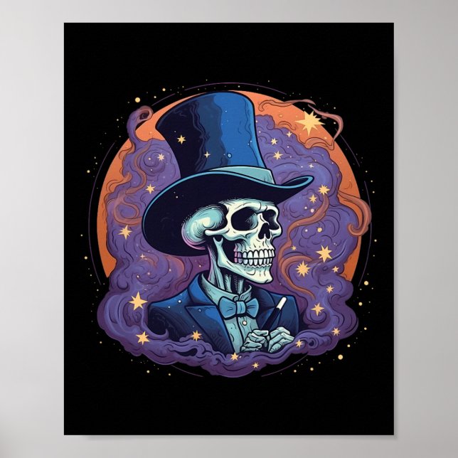 Skeleton Magician Top hat Stars Smoke Skull Hallow Poster (Framsidan)