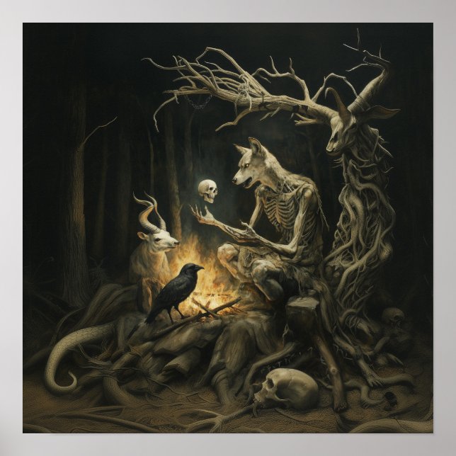 Skeleton Måne Witchy AI Art Matte Value Poster (Framsidan)