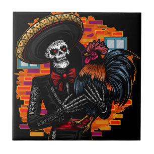 Skeleton Mariachi med Tupp Kakelplatta