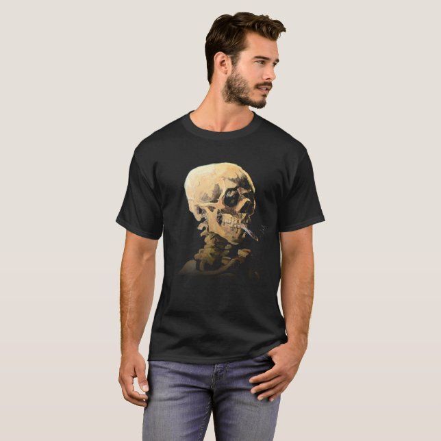 Skeleton med Burning Cigarette - Van Gogh Tee Shirt (Hel framsida)