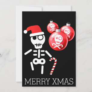 Skeleton med candy cane, Santa hat Julkort