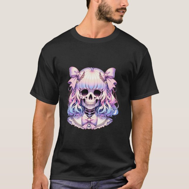 Skeleton med Coquette Bow Pastel Goth Halloween T Shirt (Framsida)