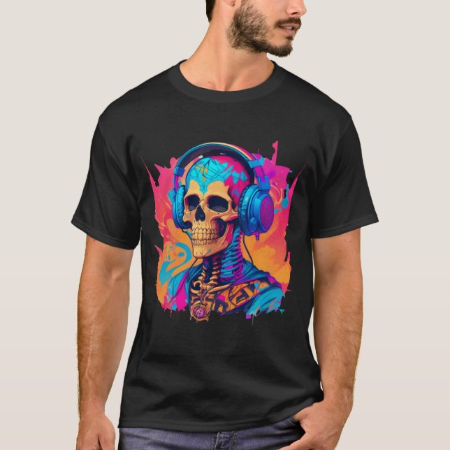 Skeleton med hörlurar Skullfärgad T Shirt (Framsida)