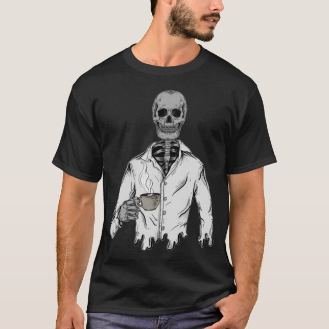 Skeleton med kaffe - happy halloween t shirt (Framsida)