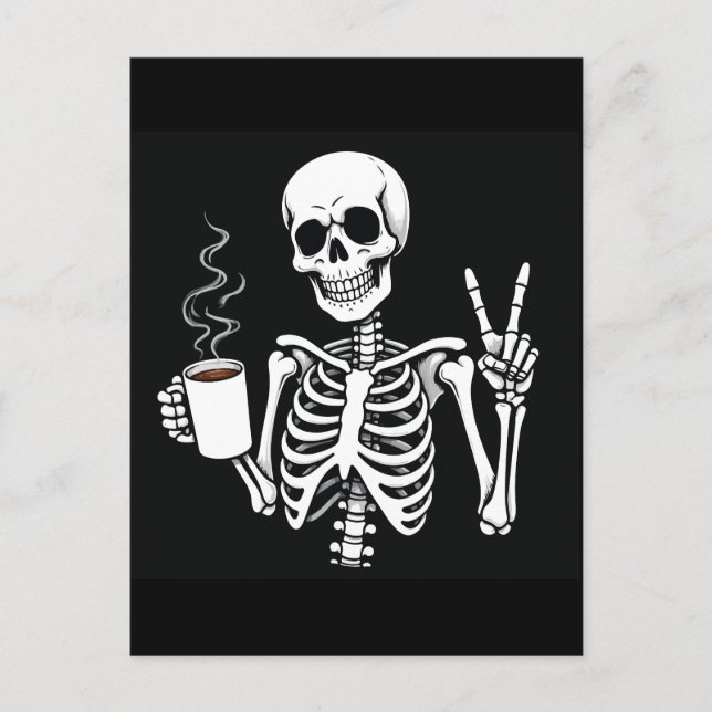 Skeleton med kaffe vykort (Framsida)