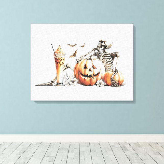 Skeleton med pumpa och dryck. Halloween. Canvastryck (Insitu (trägolv))