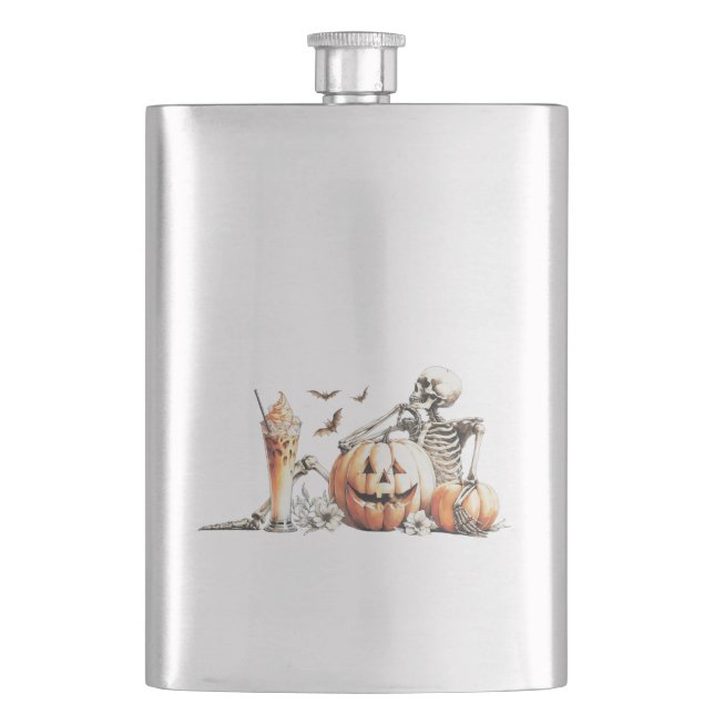 Skeleton med pumpa och dryck. Halloween. Fickplunta (Framsidan)