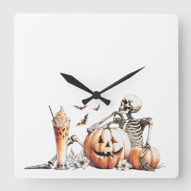 Skeleton med pumpa och dryck. Halloween. Fyrkantig Klocka (Framsida)