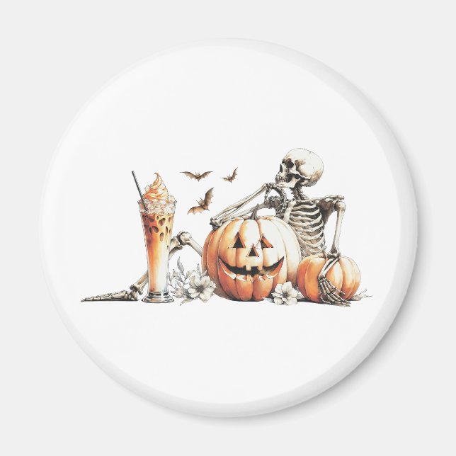 Skeleton med pumpa och dryck. Halloween. Magnet (Framsidan)