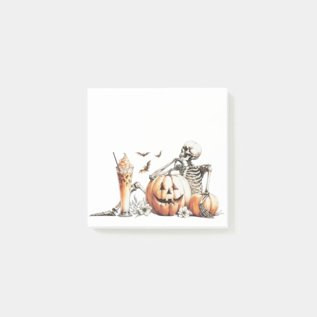 Skeleton med pumpa och dryck. Halloween. Post-it Block (Framsida)