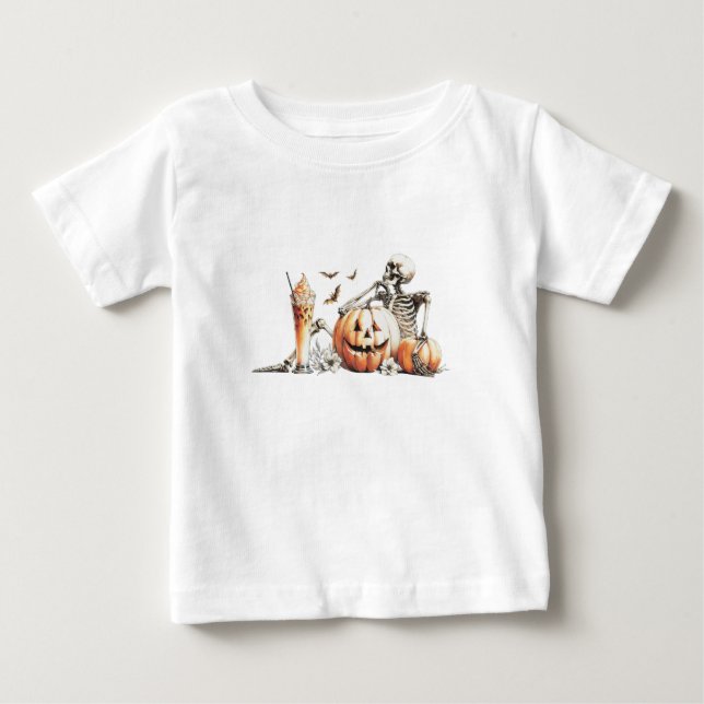 Skeleton med pumpa och dryck. Halloween. T Shirt (Framsida)