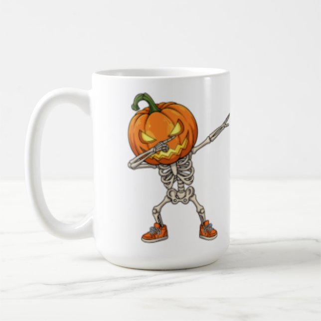Skeleton med Pumpkin Head Dab Dance Halloween Kaffemugg (Vänster)