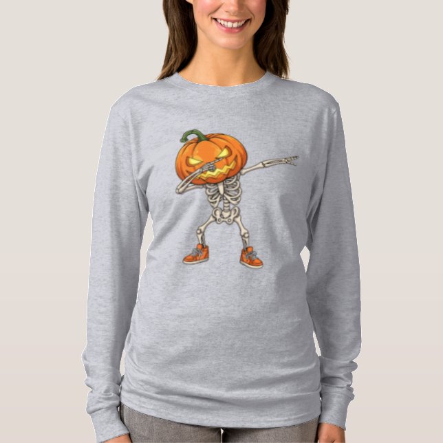 Skeleton med Pumpkin Head Dab Dance Halloween T Shirt (Framsida)