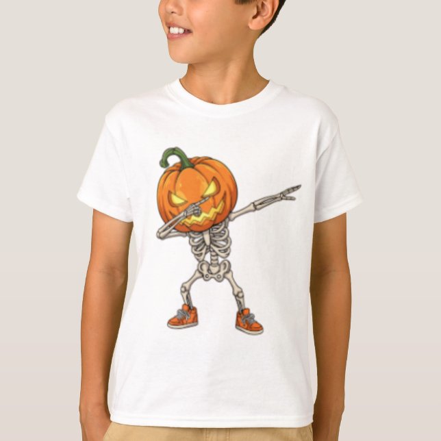 Skeleton med Pumpkin Head Dab Dance Halloween T Shirt (Framsida)