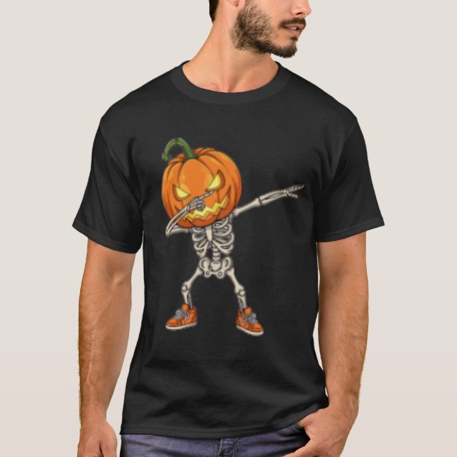 Skeleton med Pumpkin Head Dab Dance Halloween T Shirt (Framsida)