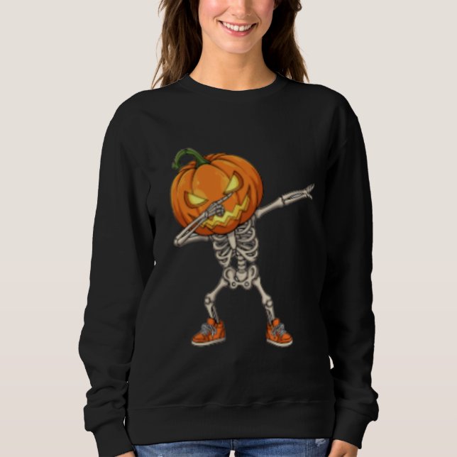 Skeleton med Pumpkin Head Dab Dance Halloween T Shirt (Framsida)