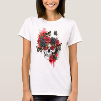 Skeleton med Red Black Ro och Butterflies T Shirt