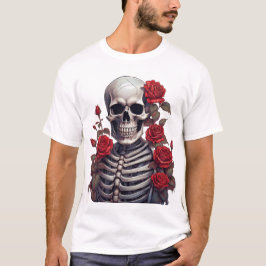 Skeleton med Röd ros T Shirt