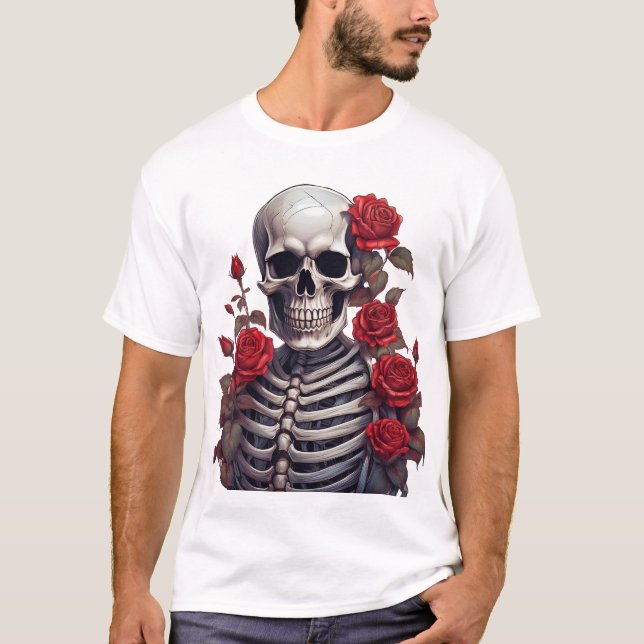 Skeleton med Röd ros T Shirt (Framsida)