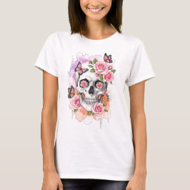 Skeleton med Rosa ros och fjärilar T Shirt