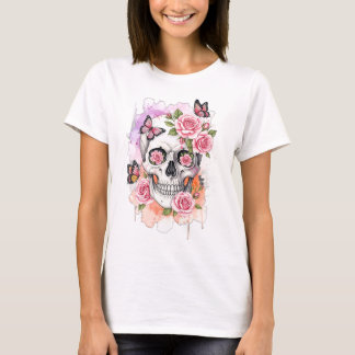 Skeleton med Rosa ros och fjärilar T Shirt