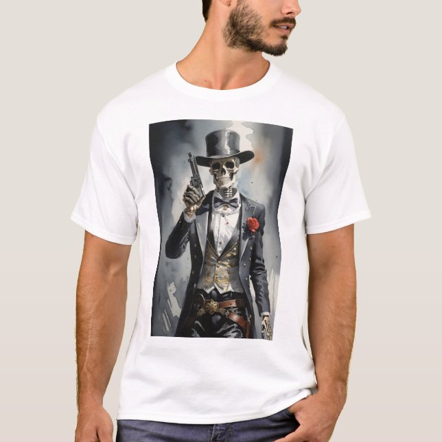 Skeleton med svart tuxedo som håller en revolver t shirt (Framsida)