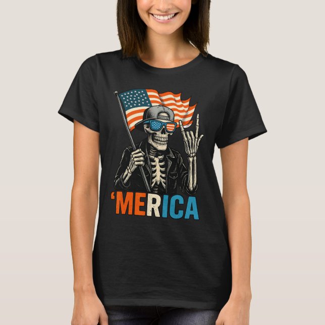 Skeleton Merica Rock American Flag Patriotic Usa 4 T Shirt (Framsida)
