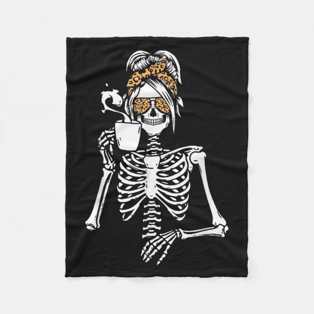 Skeleton Messy Bun Coffee Drinking Halloween Costu Fleecefilt (Framsidan)