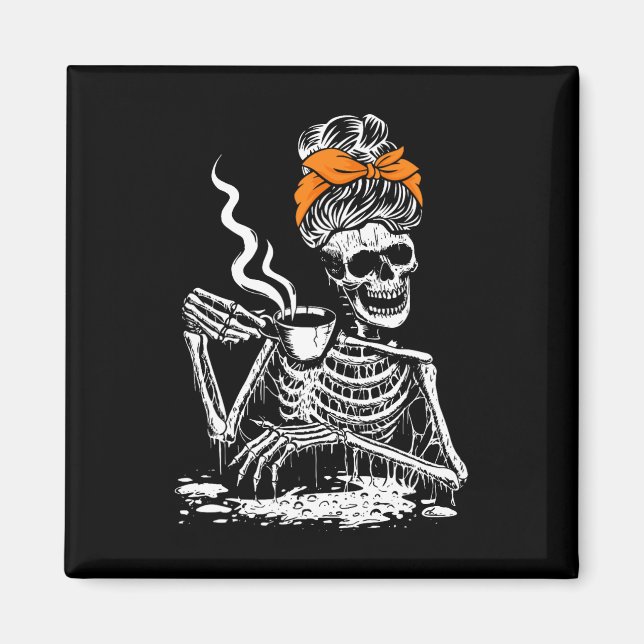 Skeleton Messy Bun Coffee Drinking Halloween Costu Magnet (Framsidan)