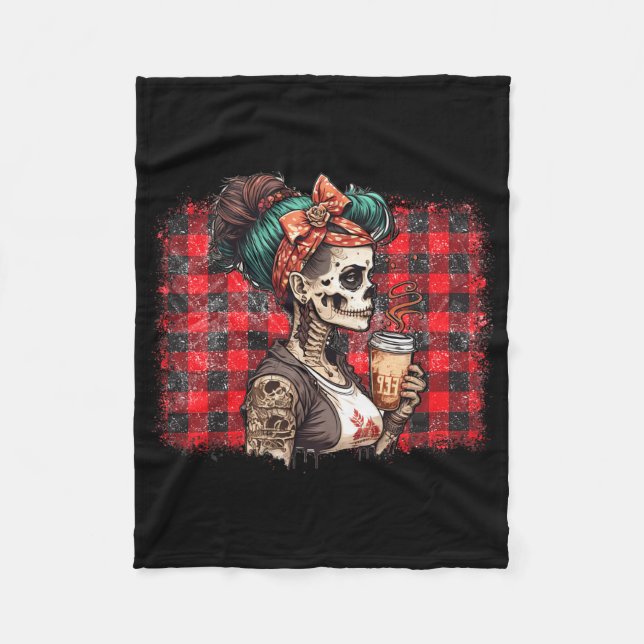 Skeleton Messy Bun Coffee Funny Costume Mamma Wome Fleecefilt (Framsidan)